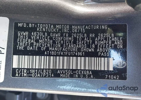 2015 Toyota Camry Hybrid Xle from USA, damaged, VIN 4T1BD1FK1FU174961